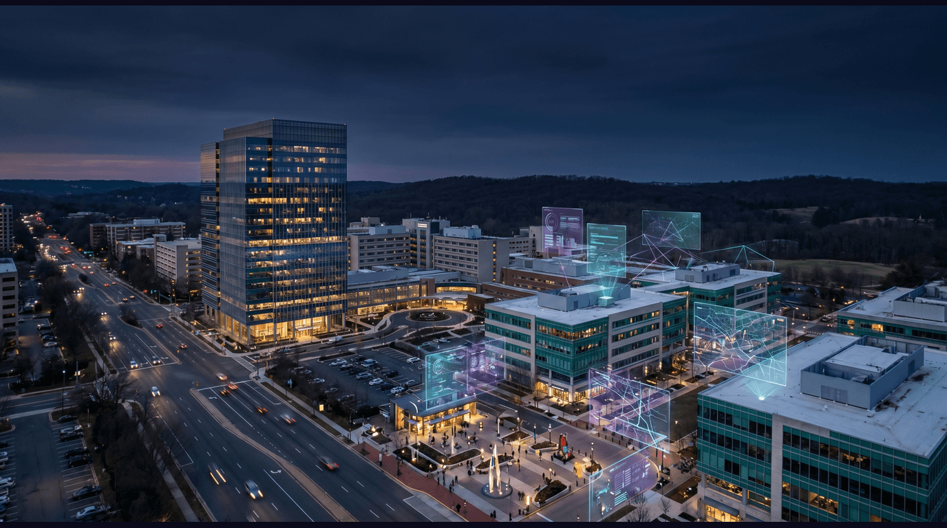 Rockville skyline with the Nuclear Regulatory Commission tower, Adventist HealthCare Shady Grove Medical Center, the Life Sciences Center campuses, Rockville Town Center plaza, and Croydon Creek Nature Center in the distance against a dark navy sky with cyan and purple holographic data panels