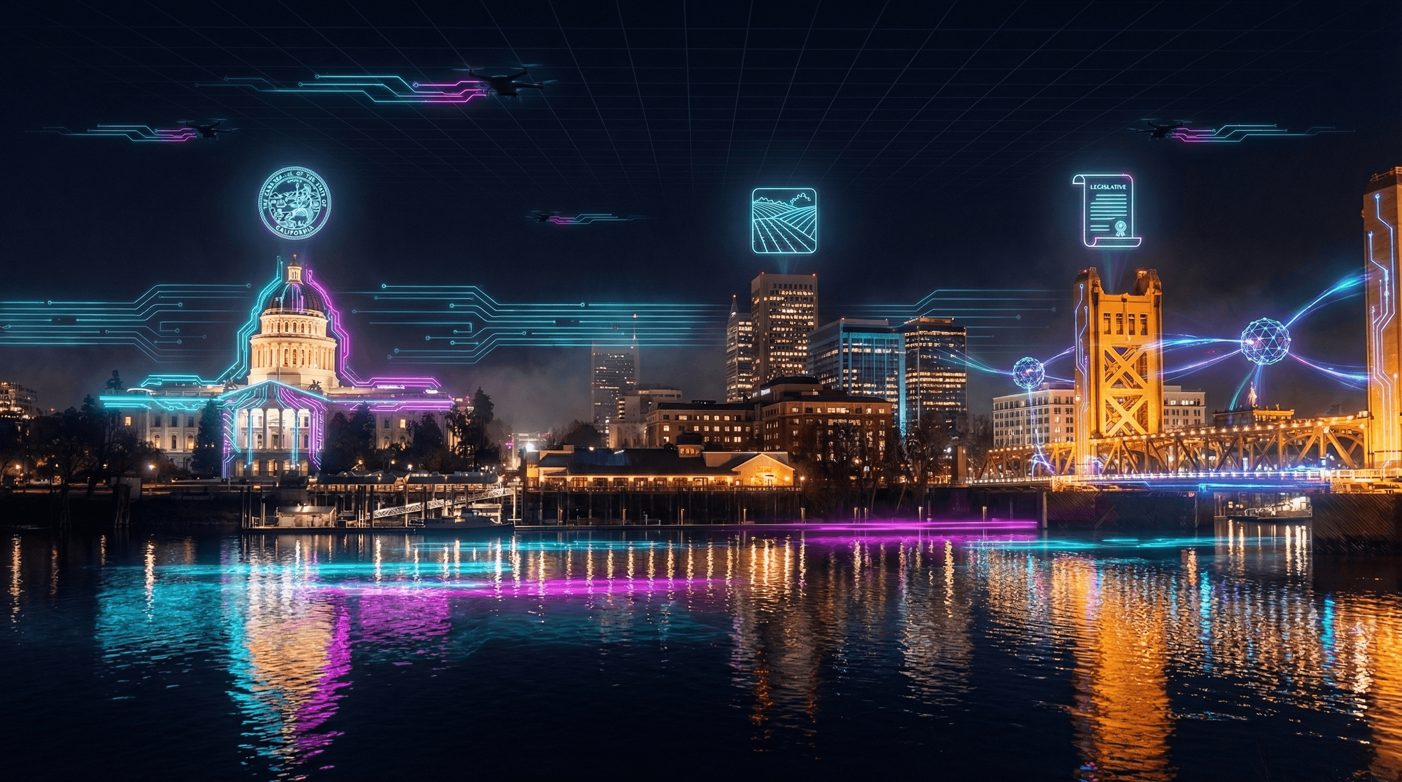 3D stylized render of the Sacramento skyline at dusk featuring the California State Capitol and Tower Bridge in cyan and purple gradient lighting against a dark sky, representing AI search optimization for Sacramento businesses