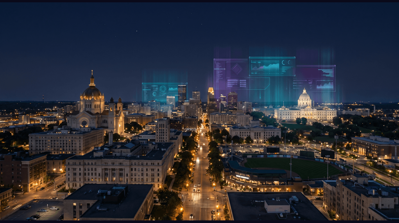 Saint Paul skyline with the Cathedral of Saint Paul, Minnesota State Capitol dome, Landmark Center on Rice Park, CHS Field in Lowertown, and Summit Avenue mansions against a dark navy sky with cyan and purple holographic data panels