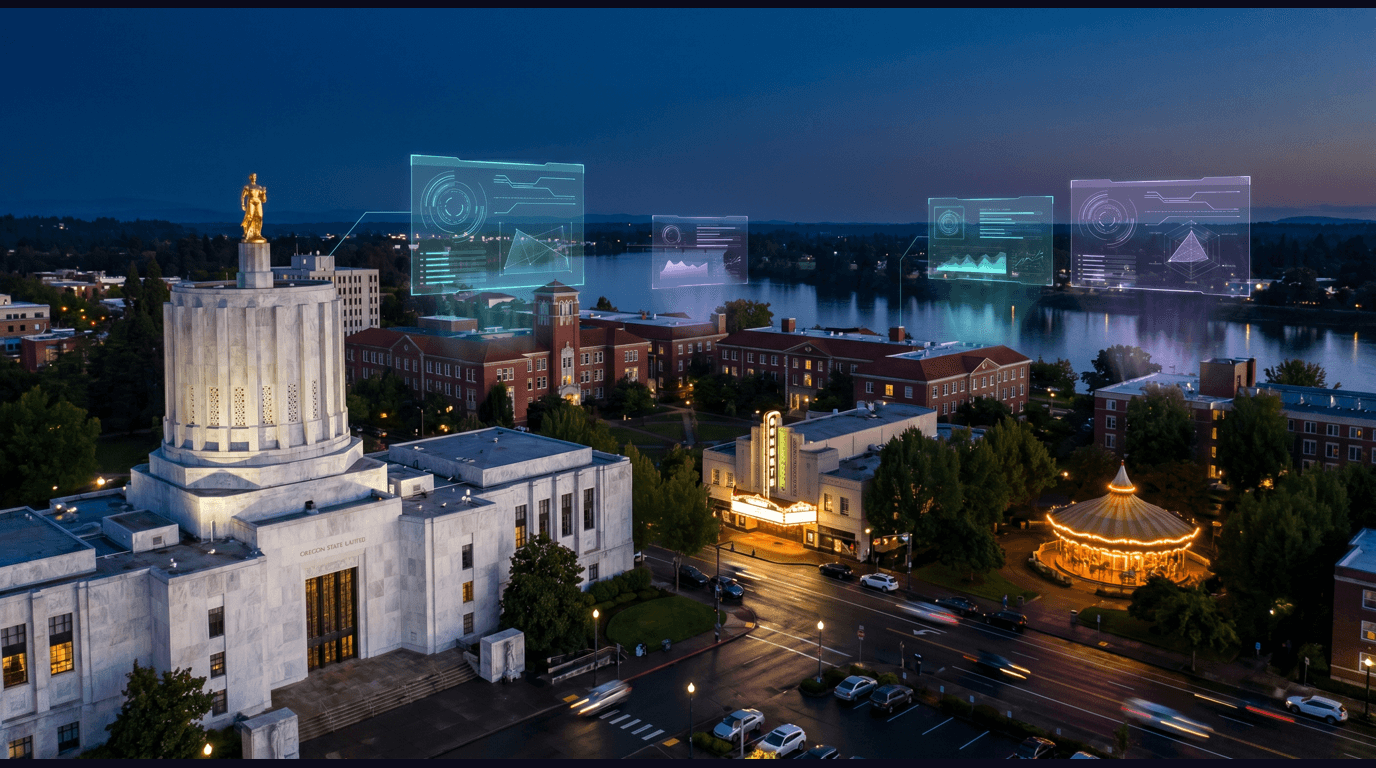 Salem skyline with Oregon State Capitol gold pioneer statue, Willamette University red-brick campus, the Elsinore Theatre marquee, Riverfront Carousel, and Willamette River against a dark navy sky with cyan and purple holographic data panels