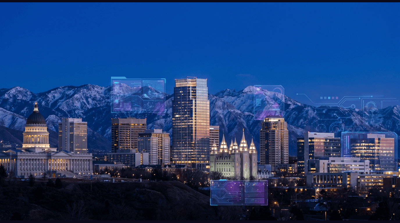 Salt Lake City skyline with Salt Lake Temple spires, Utah State Capitol dome, Zions Bancorp tower, Wasatch Range peaks, and University of Utah Research Park against a dark navy sky with cyan and purple holographic data panels