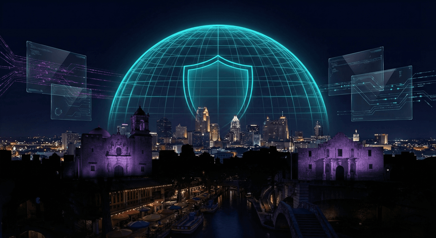 Futuristic AI-enhanced San Antonio skyline with the Tower of the Americas and River Walk connected by digital networks