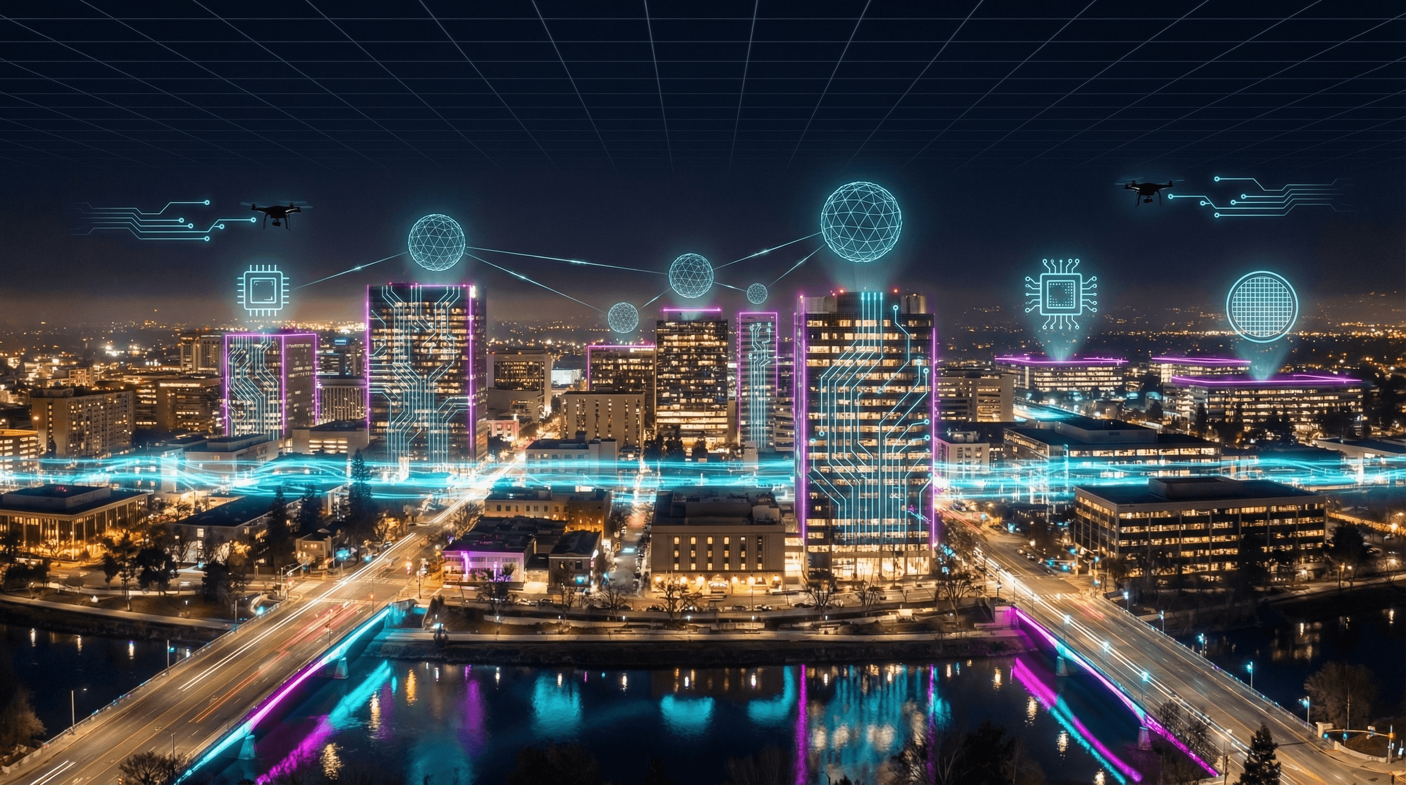 3D stylized render of the San Jose skyline at dusk featuring downtown towers and Silicon Valley tech campuses in cyan and purple gradient lighting against a dark sky, representing AI search optimization for San Jose businesses