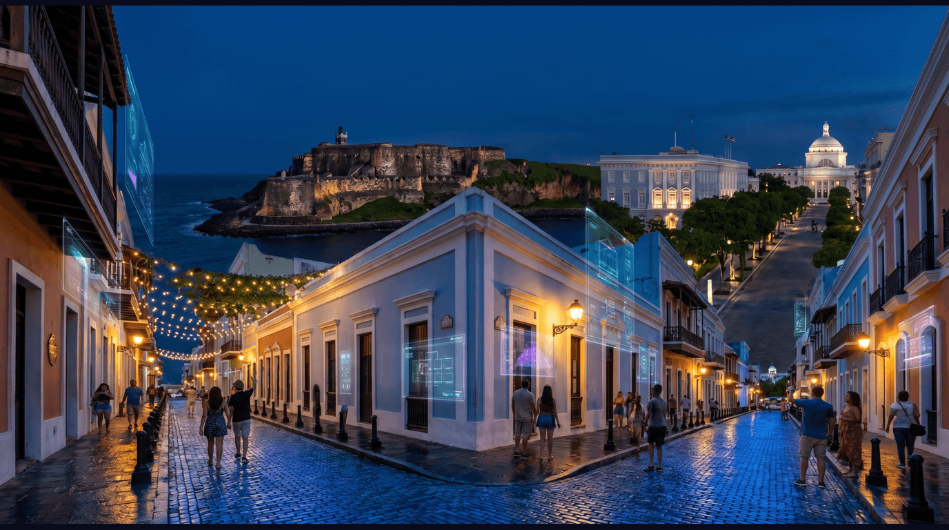 San Juan skyline with Castillo San Felipe del Morro fort, La Fortaleza governor's mansion, Old San Juan colonial cobblestone streets, Condado beachfront hotels, and the Capitol of Puerto Rico against a dark navy sky with cyan and purple holographic data panels