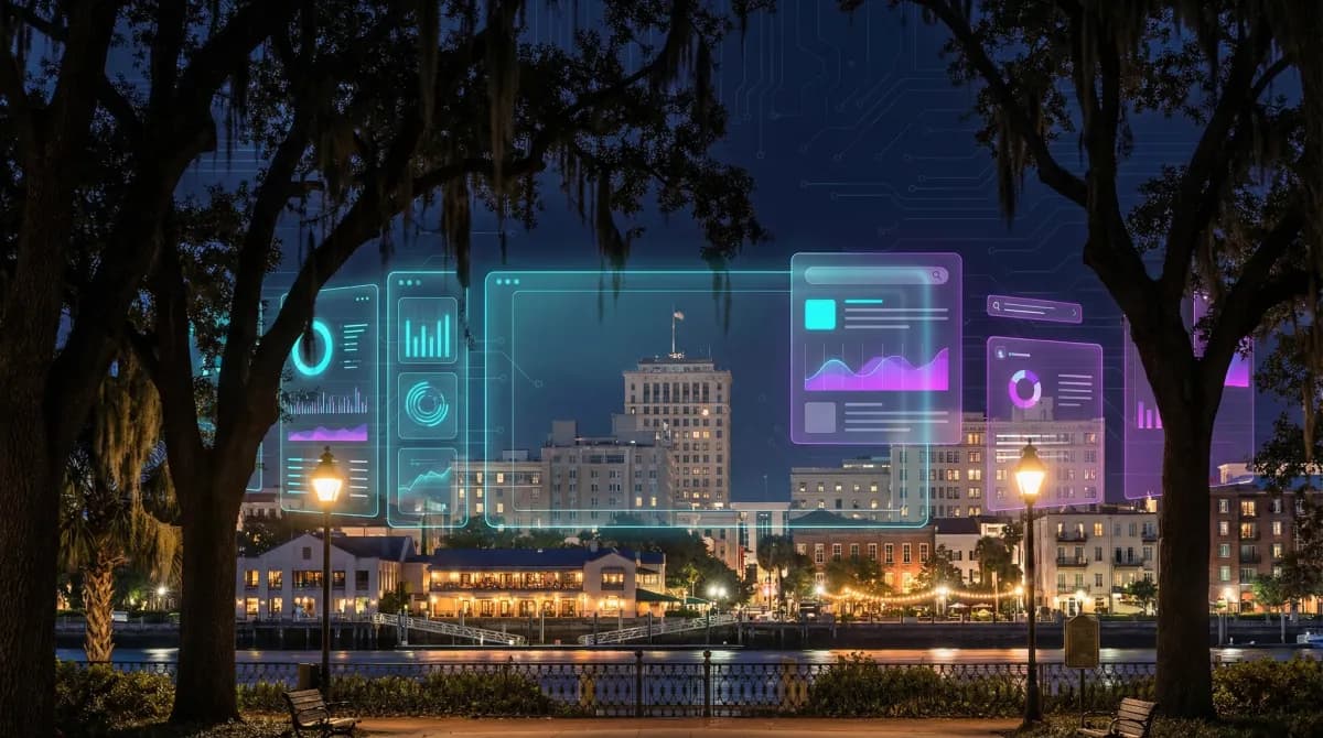 Nighttime Savannah skyline with Spanish moss hanging from live oaks, gas lamps illuminating historic squares, and riverfront restaurants glowing along the Savannah River, overlaid with holographic AI search result cards.