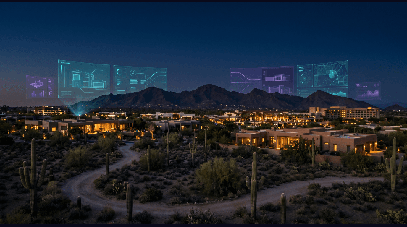 Scottsdale skyline with Camelback Mountain backdrop, Old Town adobe storefronts, Taliesin West desert masonry, the Phoenician resort, and McDowell Sonoran Preserve trails against a dark navy sky with cyan and purple holographic data panels