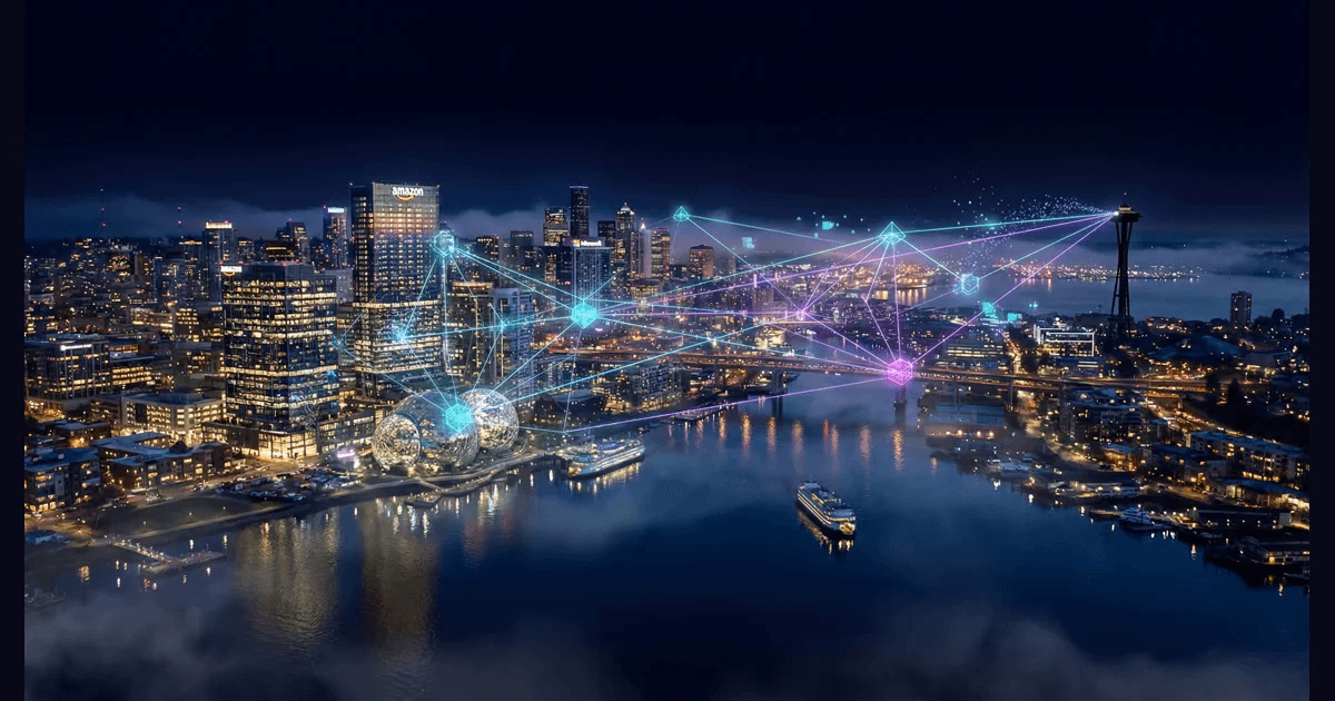 Photorealistic nighttime aerial view of Seattle's South Lake Union tech district and downtown skyline reflected in Puget Sound with holographic AI network overlays in cyan and purple connecting Amazon, Microsoft, and Space Needle landmarks