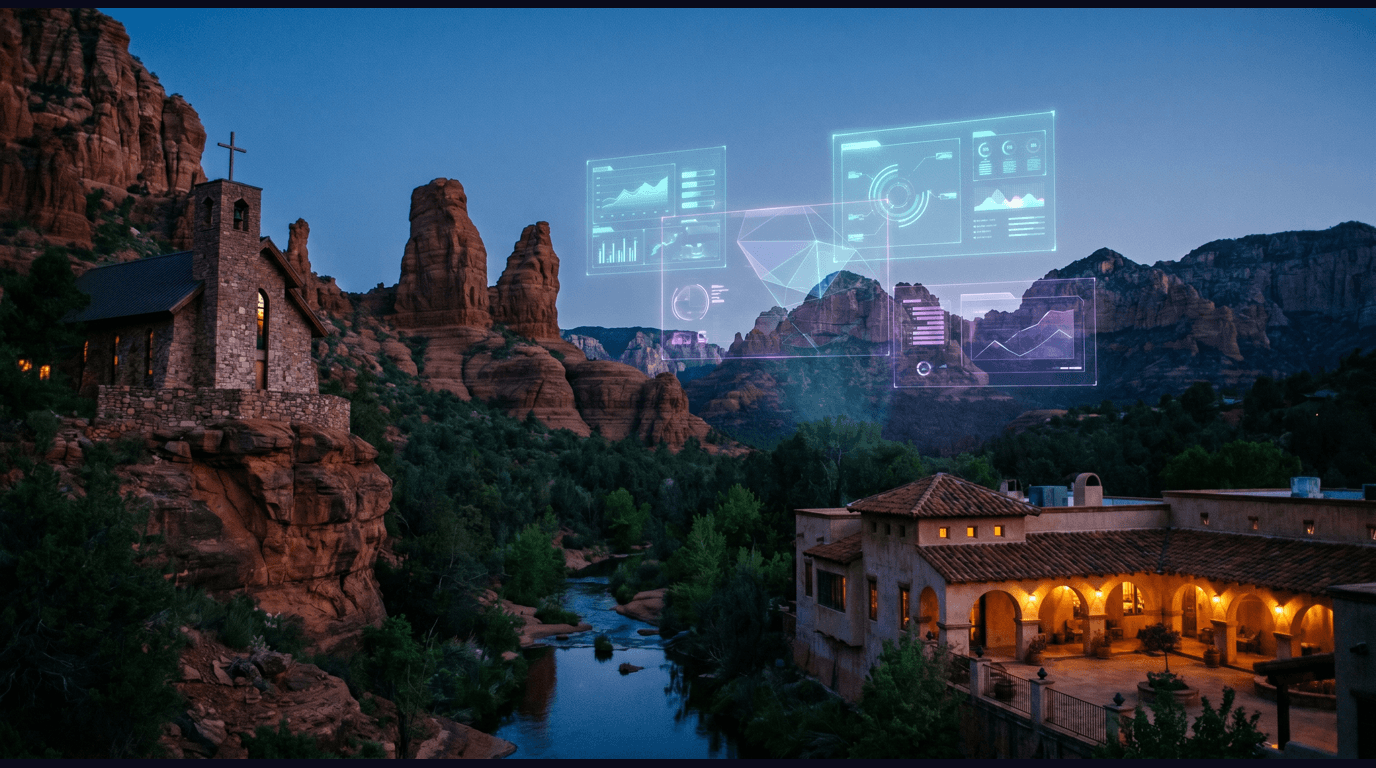 Sedona red rock landscape with Bell Rock, Cathedral Rock, the Chapel of the Holy Cross, Tlaquepaque Spanish Colonial courtyards, and Oak Creek Canyon stream against a dark navy sky with cyan and purple holographic data panels