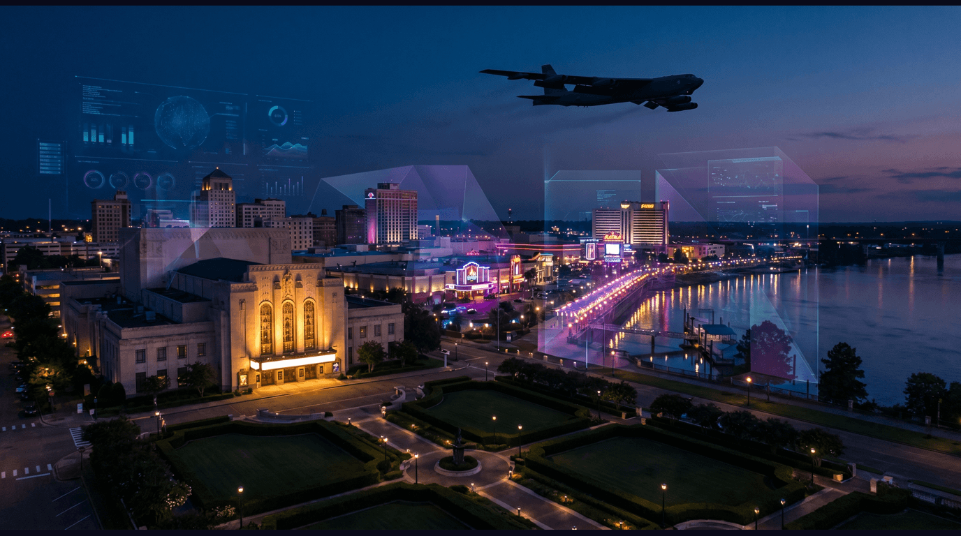 Shreveport skyline with the Louisiana Boardwalk waterfront, Shreveport Municipal Auditorium Art Deco facade, Norton Art Gallery gardens, Barksdale Air Force Base B-52 bomber, and Red River casino corridor against a dark navy sky with cyan and purple holographic data panels