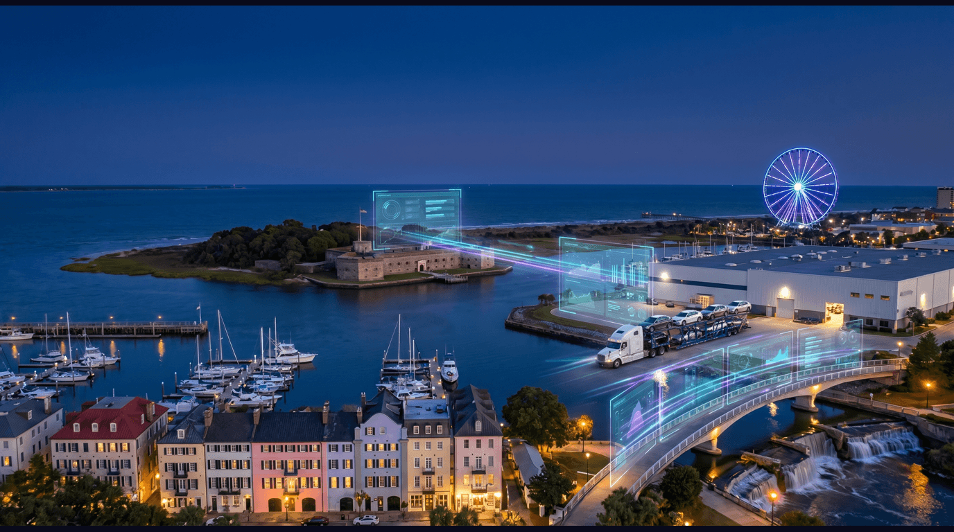 South Carolina skyline with Charleston's Rainbow Row pastel facades along East Bay Street, Fort Sumter in the harbor, the BMW Manufacturing plant, Falls Park on the Reedy in Greenville, and a Myrtle Beach oceanfront pier against a dark navy sky with cyan and purple holographic data panels