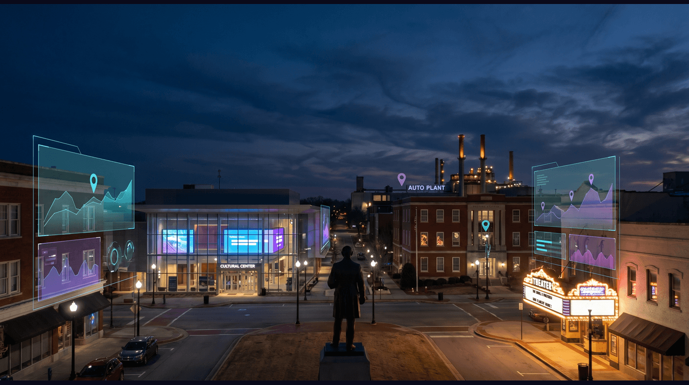 Spartanburg skyline with Morgan Square and the Daniel Morgan statue, the Chapman Cultural Center, the BMW Manufacturing plant in Greer, the Wofford College campus, and the Spartanburg Memorial Auditorium against a dark navy sky with cyan and purple holographic data panels