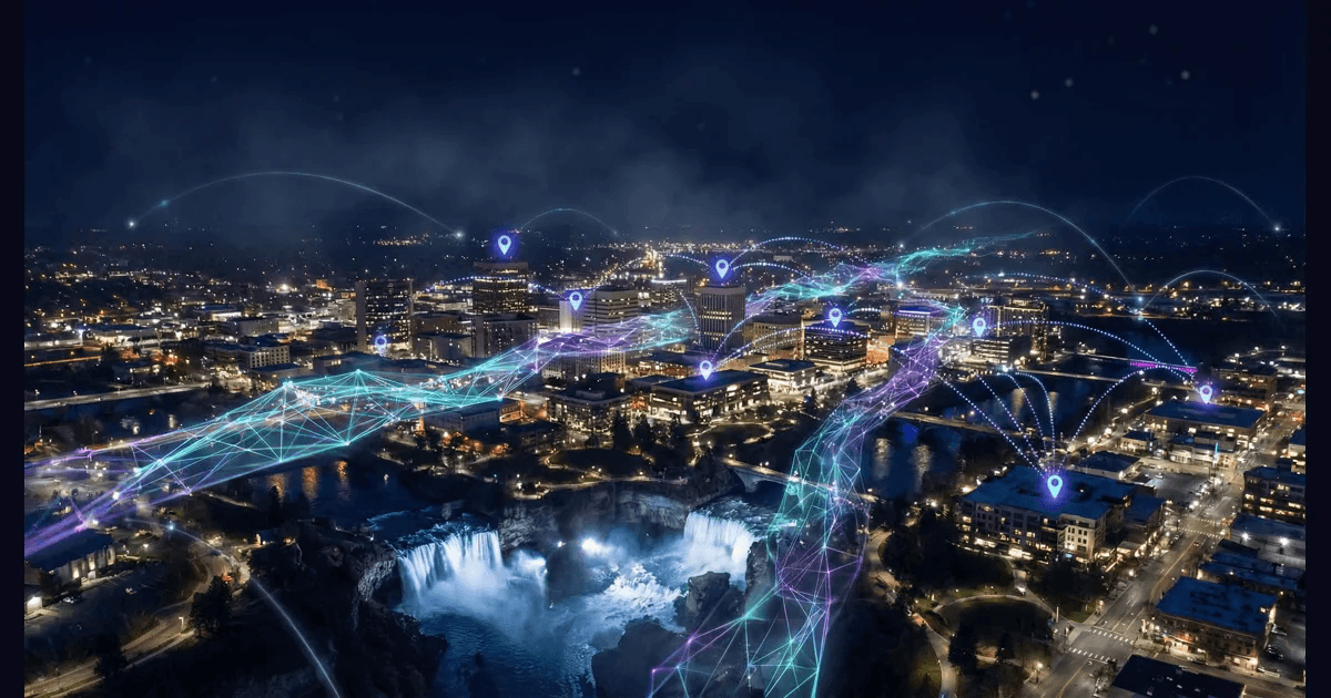 Photorealistic nighttime aerial view of downtown Spokane and Riverfront Park along the Spokane River with holographic AI network overlays in cyan and purple representing business connectivity across Eastern Washington