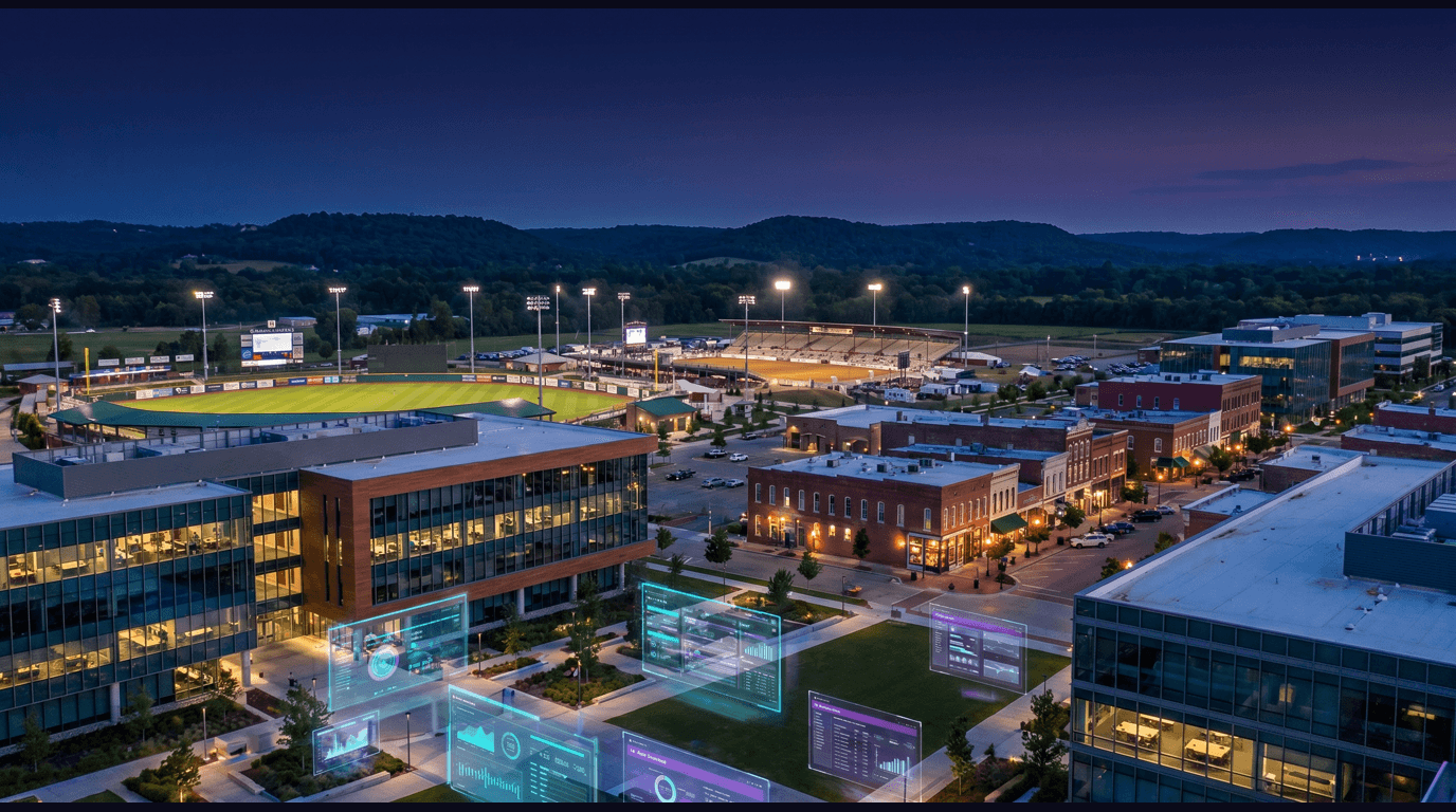 Springdale skyline with the Tyson Foods World Headquarters campus, Arvest Ballpark, the Shiloh Museum of Ozark History, Parsons Stadium, and Ozark Mountain backdrop against a dark navy sky with cyan and purple holographic data panels