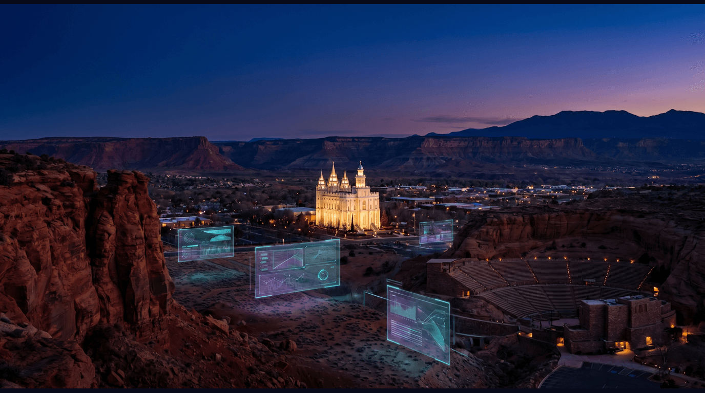 St. George skyline with St. George Utah Temple, Pine Valley Mountains, Snow Canyon red-rock cliffs, Tuacahn Amphitheatre, and Zion National Park canyon walls against a dark navy sky with cyan and purple holographic data panels