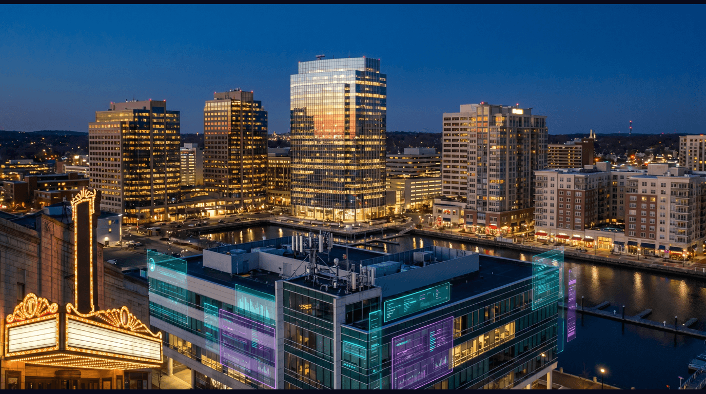 Stamford skyline with Charter Communications headquarters tower, Philip Morris International tower, Harbor Point waterfront, NBC Sports broadcast campus, and Long Island Sound against a dark navy sky with cyan and purple holographic data panels