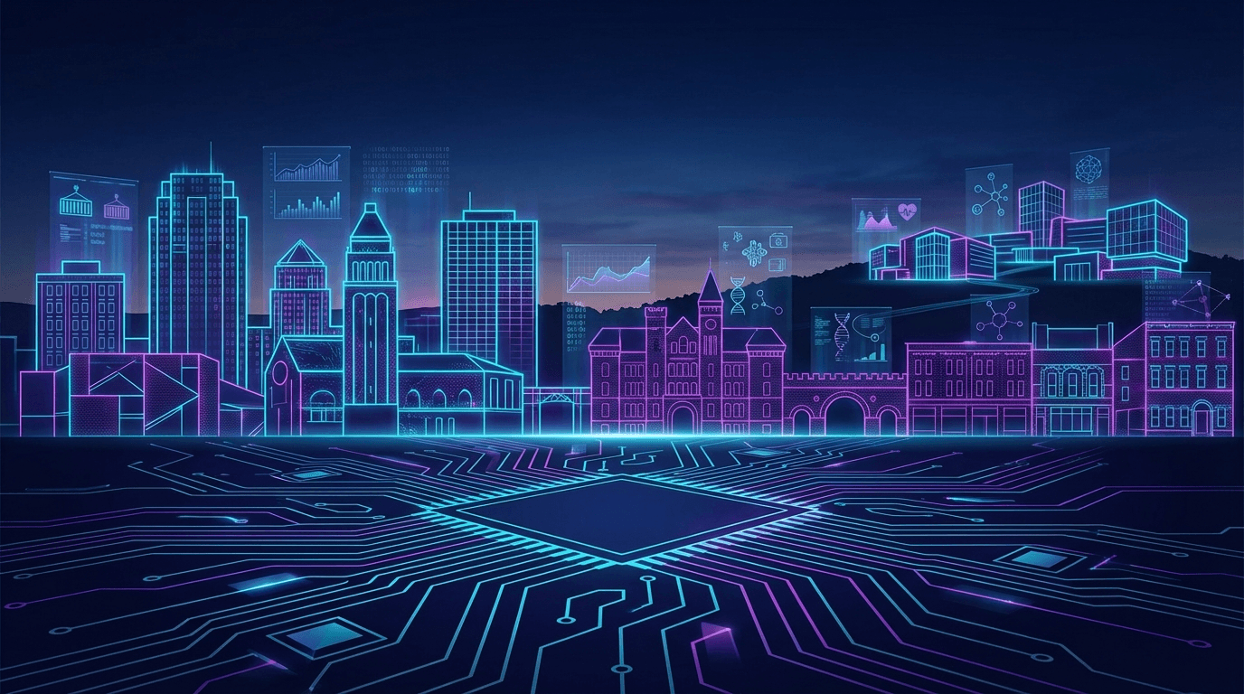 3D stylized render of the Syracuse, New York downtown skyline with Armory Square and the historic business district visible in cyan and purple gradient lighting, representing AI search optimization for Syracuse businesses