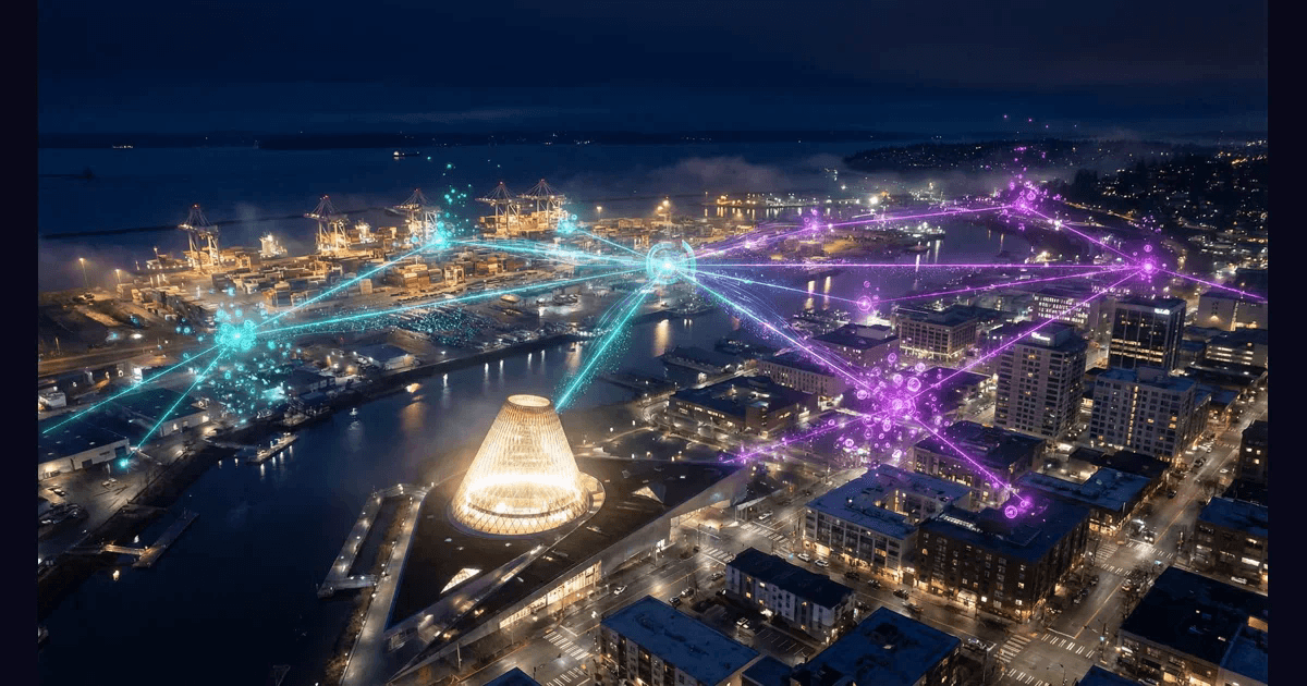Photorealistic nighttime aerial view of downtown Tacoma and the Foss Waterway with the Museum of Glass cone illuminated and holographic AI network overlays in cyan and purple connecting the Port of Tacoma to regional business districts