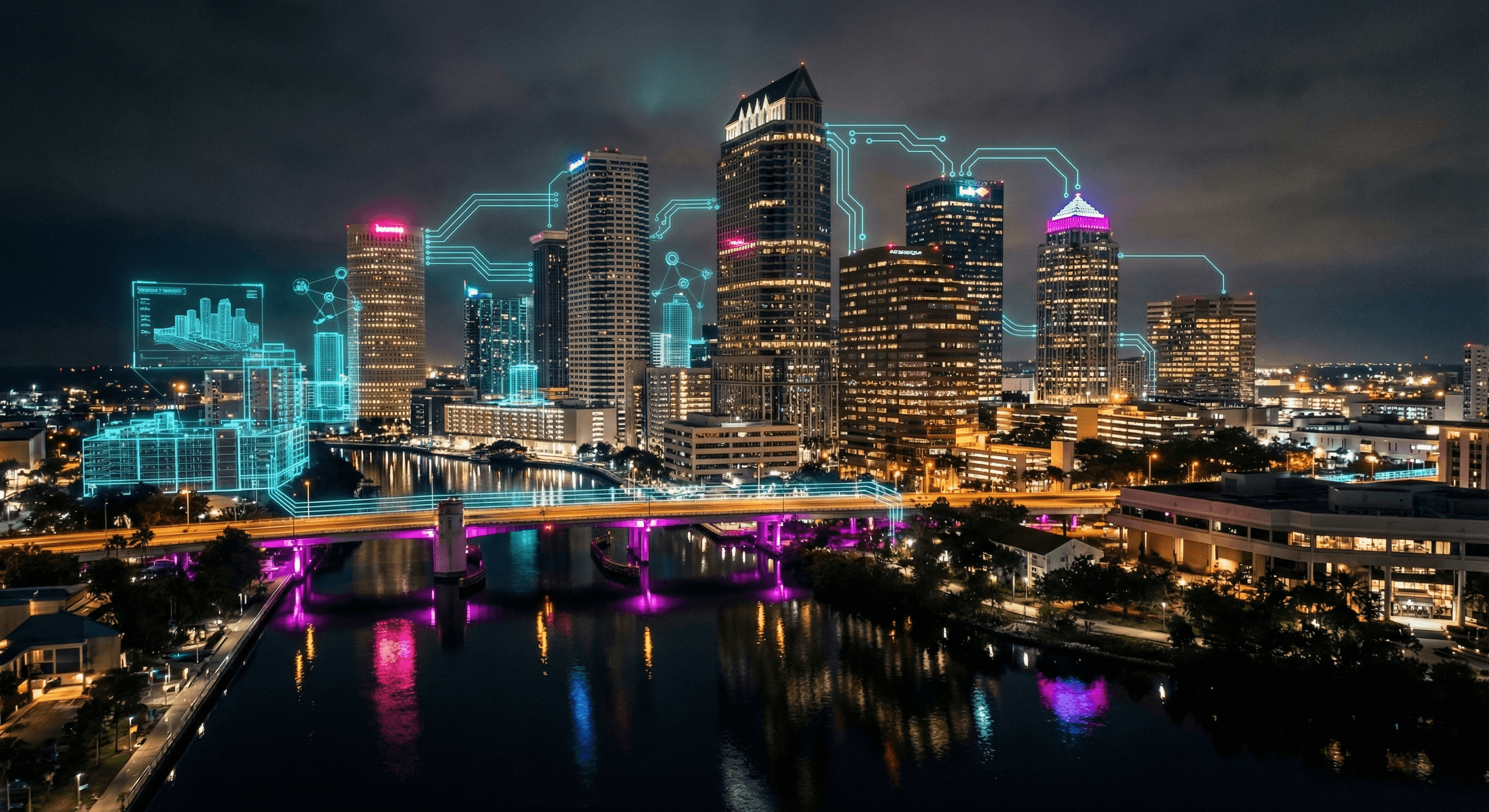 Photorealistic nighttime aerial view of the Tampa skyline along the Hillsborough River with holographic AR overlays in cyan and purple lighting representing AI-powered business optimization across the Tampa Bay metro