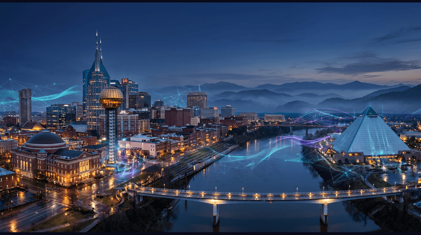 Tennessee skyline with the Nashville Batman Building and Ryman Auditorium, Memphis Pyramid and Mississippi River, Knoxville Sunsphere, Chattanooga Walnut Street Bridge over the Tennessee River, and the Great Smoky Mountains against a dark navy sky with cyan and purple holographic data panels