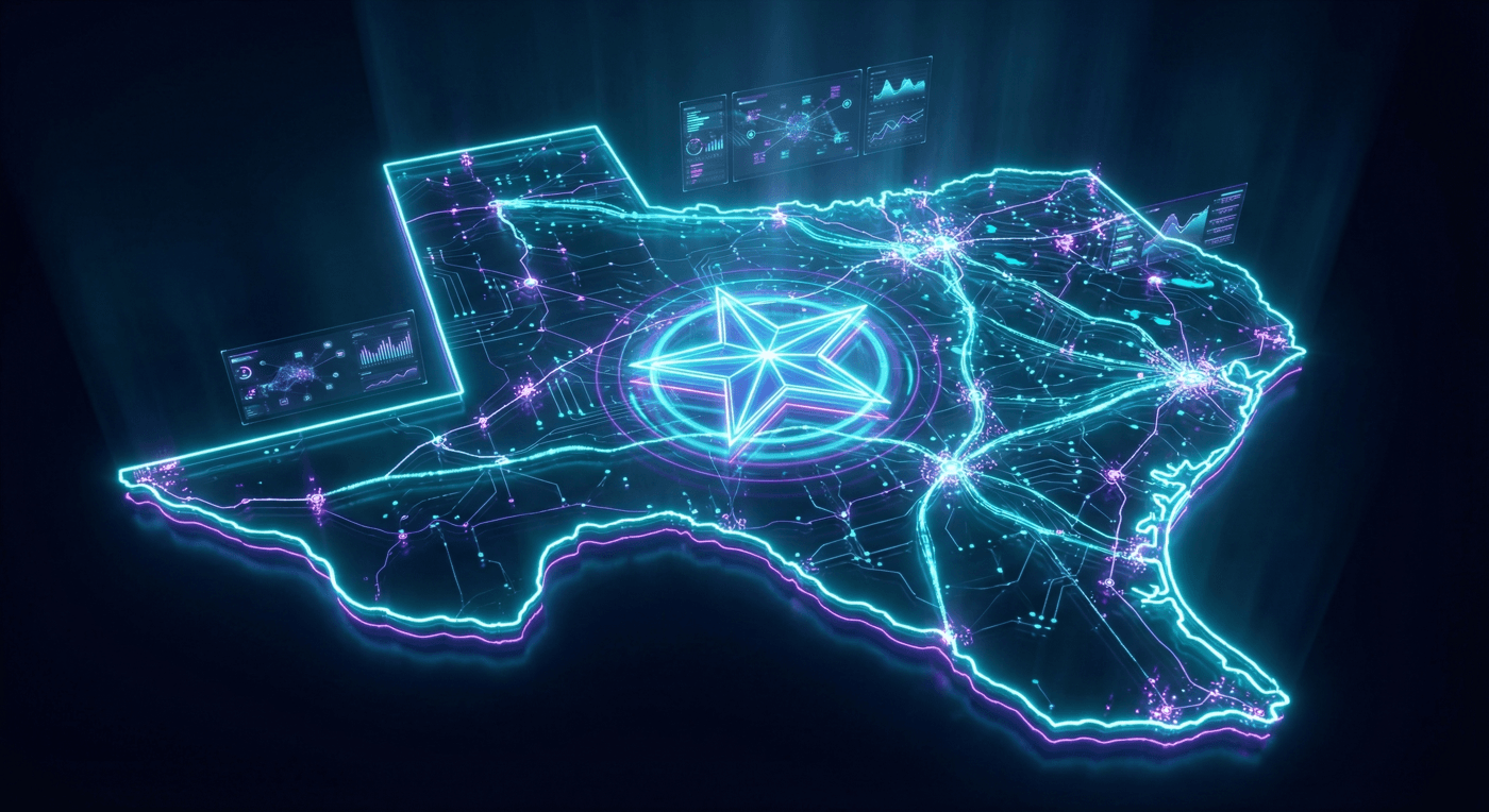 Futuristic AI-enhanced skyline representing AI search optimization across Texas's major metropolitan areas