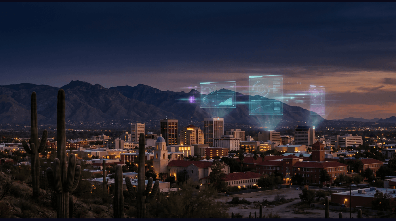 Tucson skyline with downtown towers, the Santa Catalina Mountains, Saguaro National Park cacti, Mission San Xavier del Bac dome, and University of Arizona campus against a dark navy sky with cyan and purple holographic data panels