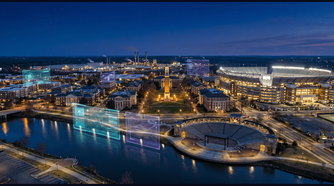 Tuscaloosa skyline with Bryant-Denny Stadium, the University of Alabama campus Quad and Denny Chimes, the Mercedes-Benz assembly plant in Vance, and the Black Warrior River Riverwalk against a dark navy sky with cyan and purple holographic data panels