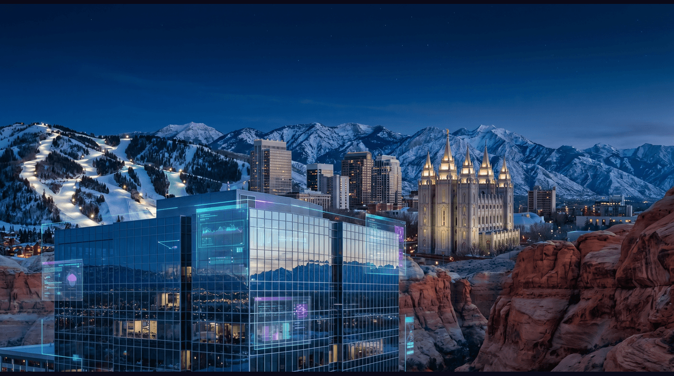 Utah skyline with Salt Lake Temple spires, Wasatch Range peaks, Adobe Lehi tower, Zion National Park canyon walls, and Park City ski runs against a dark navy sky with cyan and purple holographic data panels