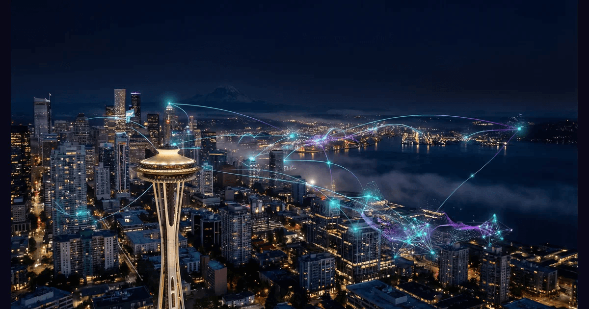 Photorealistic nighttime aerial view of the Seattle skyline with Mount Rainier silhouetted in the background and holographic AI network overlays connecting the Space Needle, Amazon HQ, and Bellevue tech corridor in cyan and purple gradient lighting