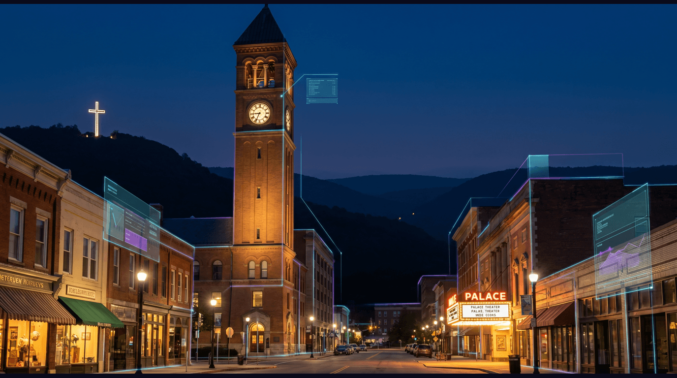 Waterbury skyline with Union Station 240-foot clock tower, Holy Land USA illuminated cross, Bank Street historic district, Palace Theater marquee, and Naugatuck Valley ridges against a dark navy sky with cyan and purple holographic data panels