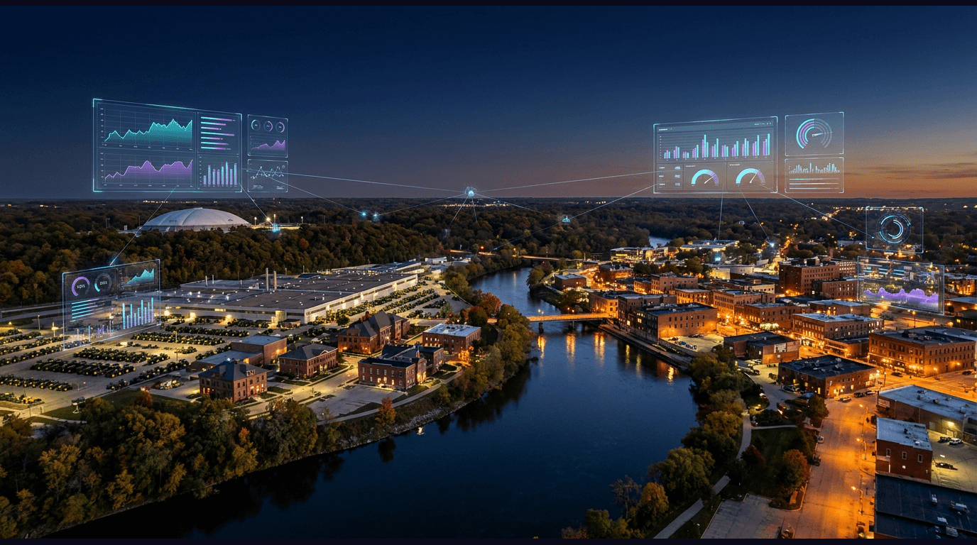 Waterloo skyline with the John Deere Waterloo Operations tractor works, the Grout Museum District, the UNI-Dome roof in neighboring Cedar Falls, the Cedar River riverfront downtown, and Hartman Reserve woodland against a dark navy sky with cyan and purple holographic data panels