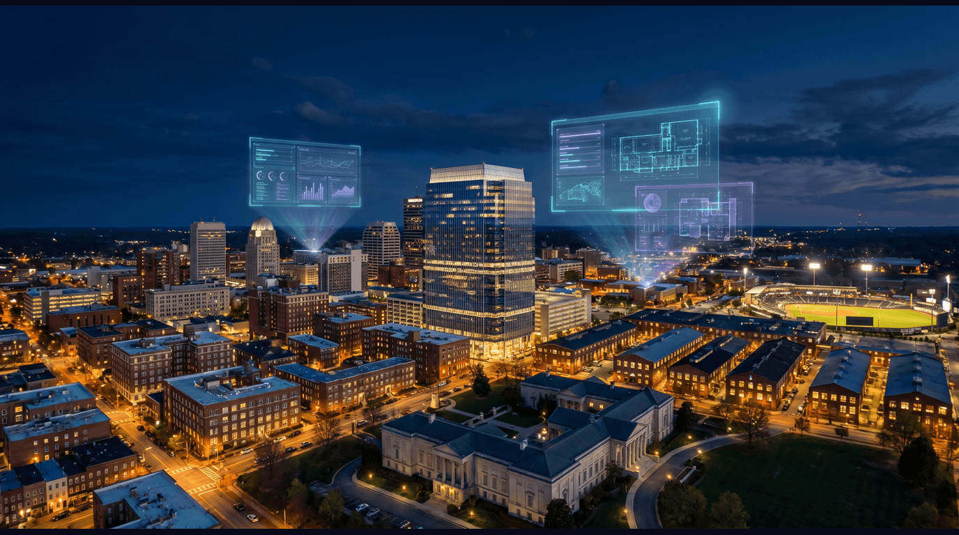 Winston-Salem skyline with Wells Fargo Center tower, Reynolda House Museum, Old Salem Moravian buildings, Wake Forest Innovation Quarter warehouses, and Truist Stadium against a dark navy sky with cyan and purple holographic data panels