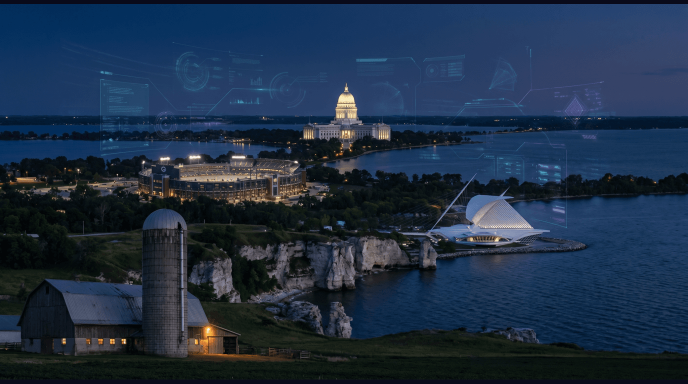 Wisconsin skyline with Wisconsin State Capitol granite dome, Lambeau Field grandstands, Milwaukee Art Museum Calatrava wings, Door County lakefront cliffs, and a dairy farm silo against a dark navy sky with cyan and purple holographic data panels