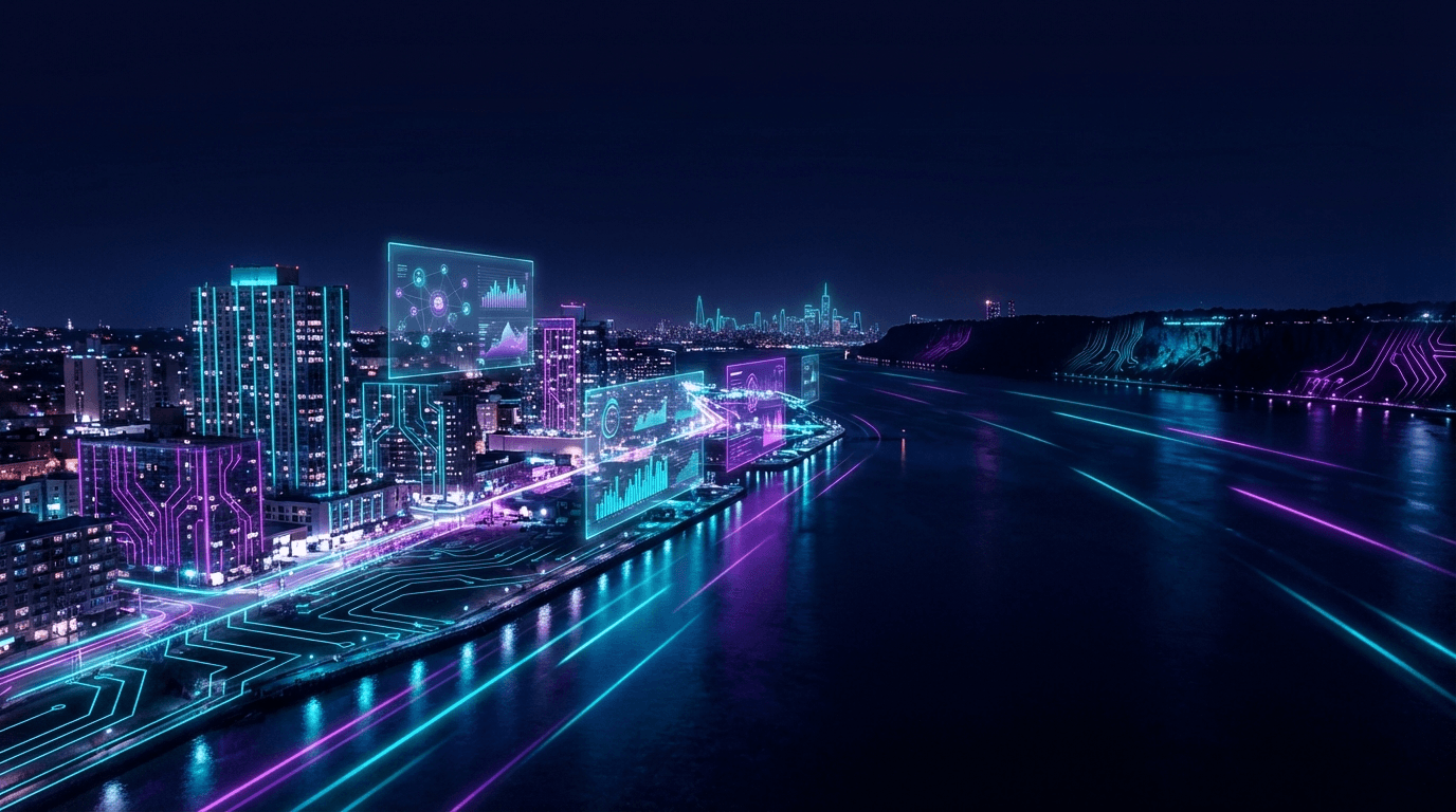 3D stylized render of the Yonkers, New York waterfront along the Hudson River with the city skyline in cyan and purple gradient lighting, representing AI search optimization for Yonkers businesses