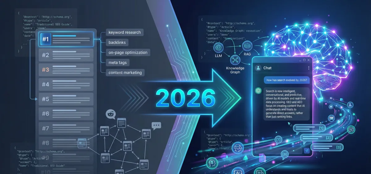 Professional illustration comparing traditional SEO keyword ranking system on left with AI-powered generative search showing neural networks, citation patterns, and conversational AI responses on right, with 2026 marking the transition between optimization eras.
