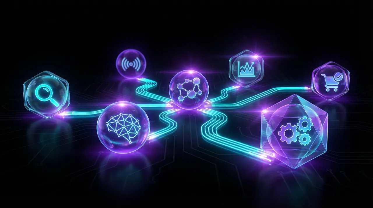 Glowing agentic network visualization with interconnected nodes in cyan and purple