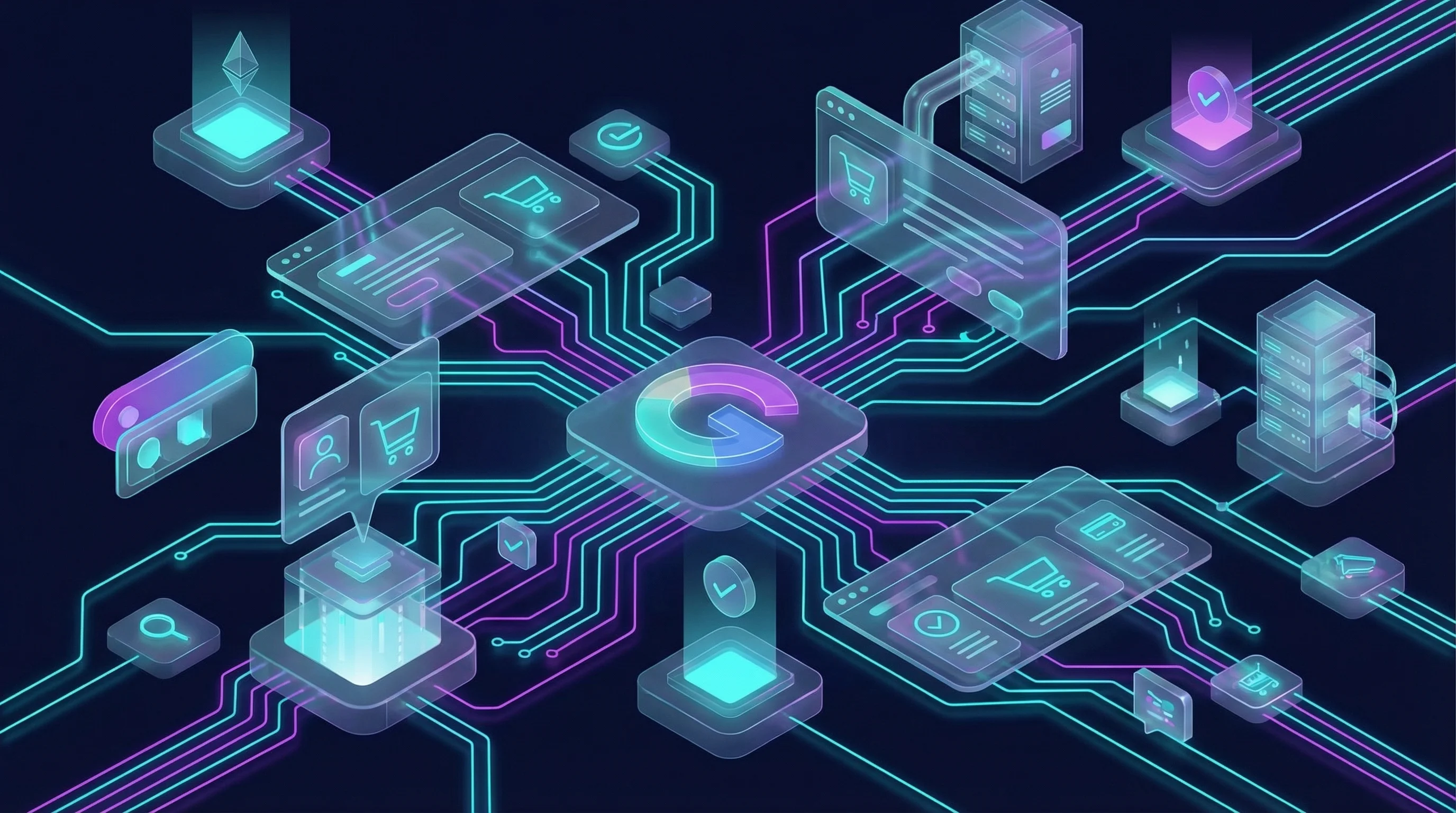 Abstract visualization of commerce protocol connections flowing between merchant servers and AI surfaces with dark background and cyan-to-purple gradient accents