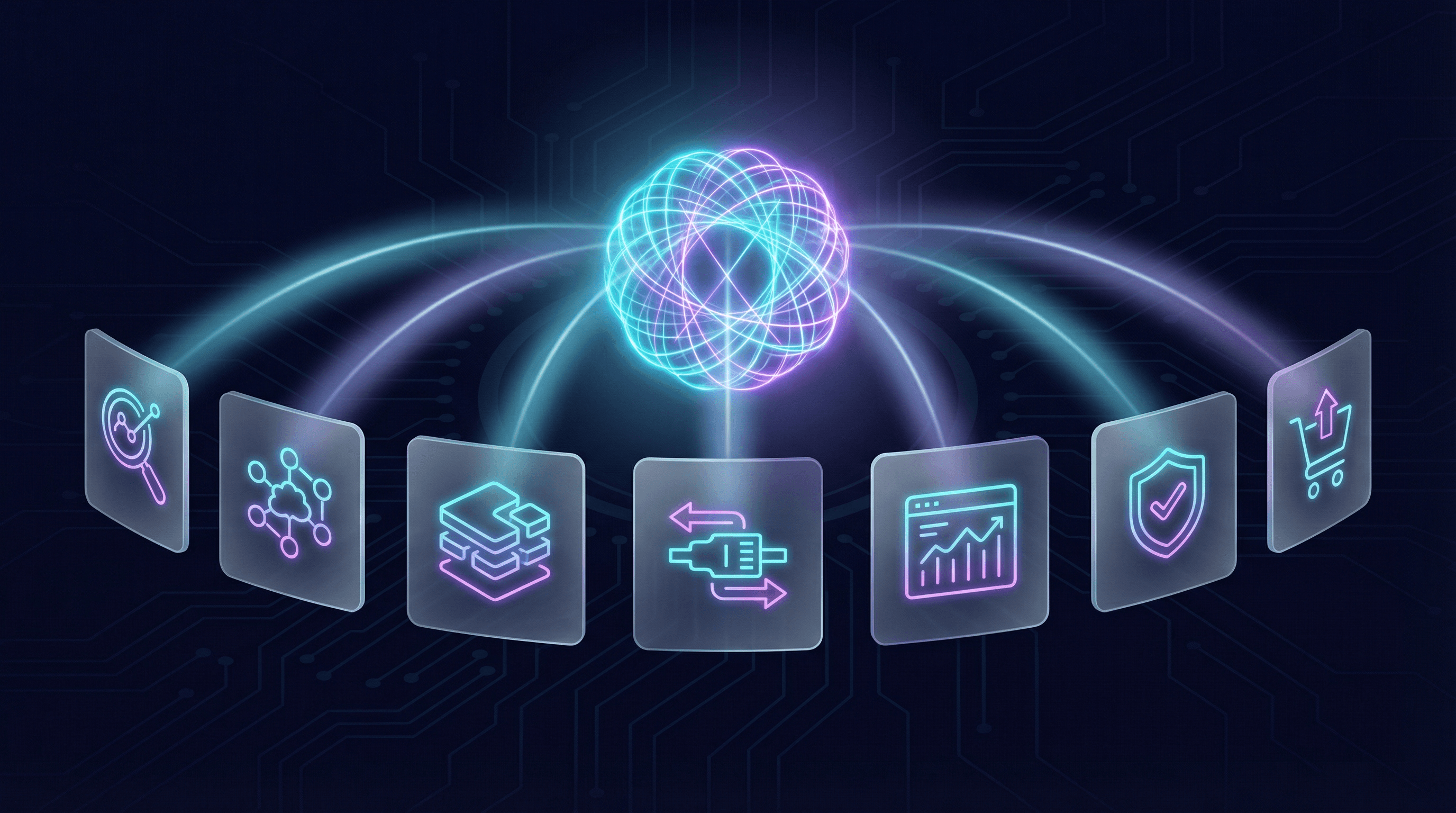 Futuristic AI neural core connected by light beams to seven holographic panels representing agentic commerce optimization phases on dark navy background with cyan and purple neon accents