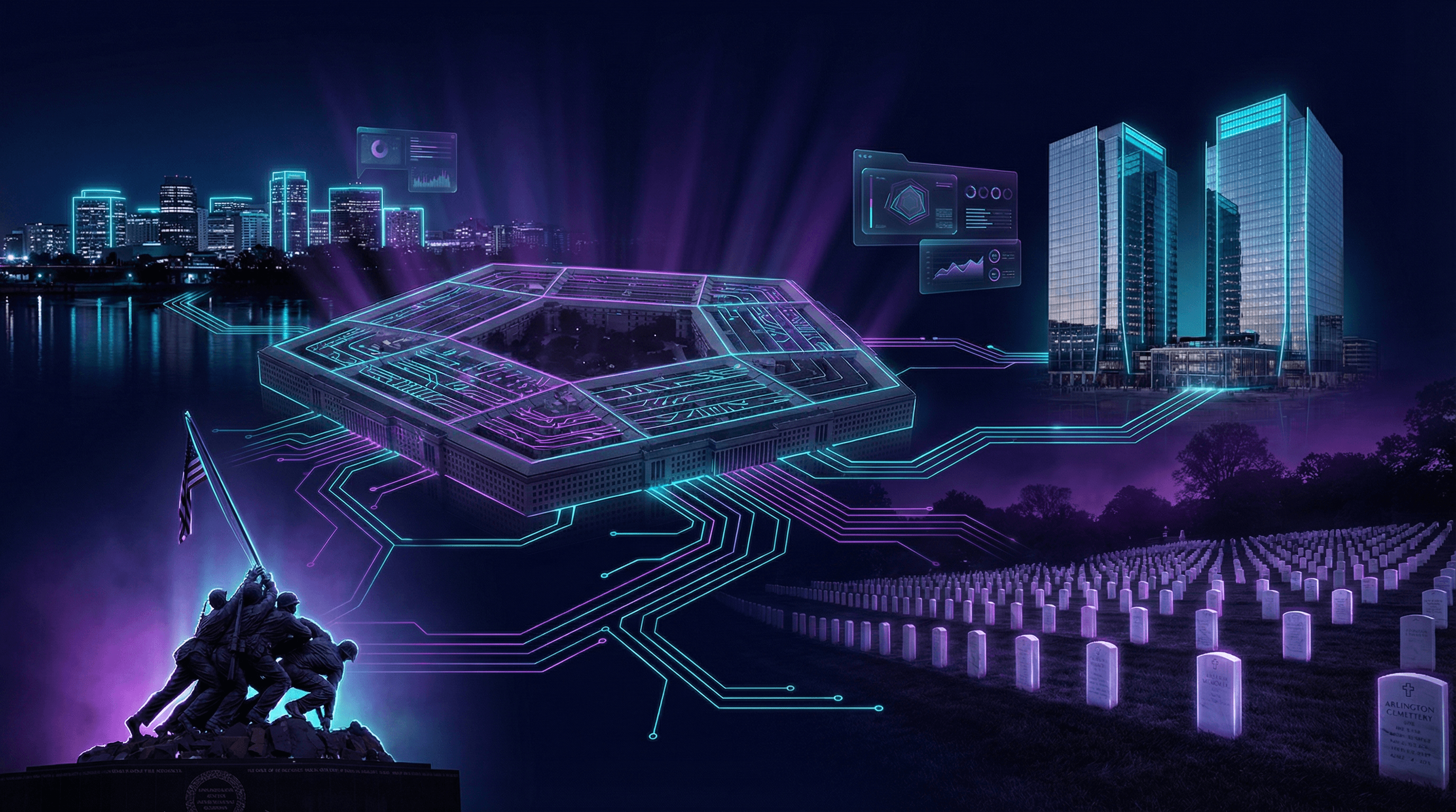 Arlington County skyline with Pentagon building, Amazon HQ2 towers at National Landing, Boeing headquarters, Arlington National Cemetery headstones, and Iwo Jima Memorial against a dark navy sky with cyan and purple holographic data panels