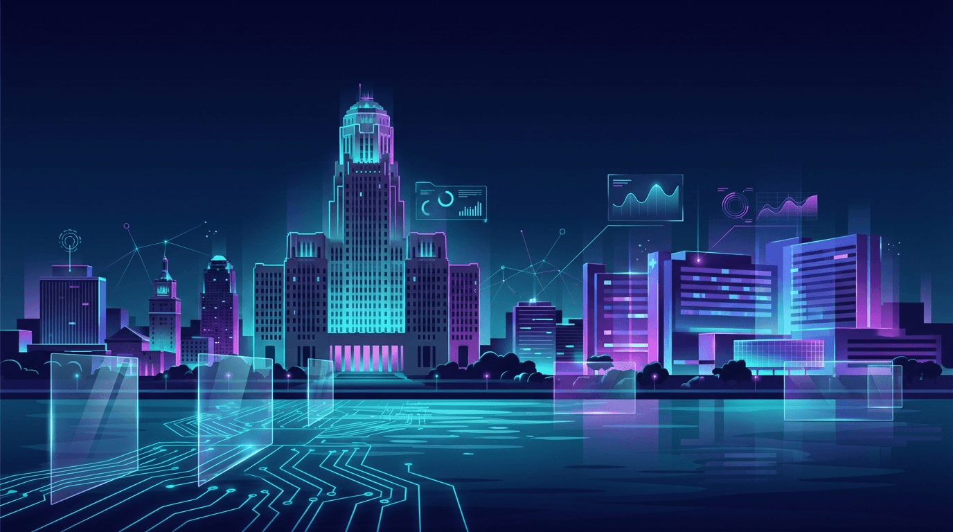 3D stylized render of the Buffalo, New York skyline at dusk featuring City Hall and the Buffalo Niagara Medical Campus in cyan and purple gradient lighting, representing AI search optimization for Buffalo businesses