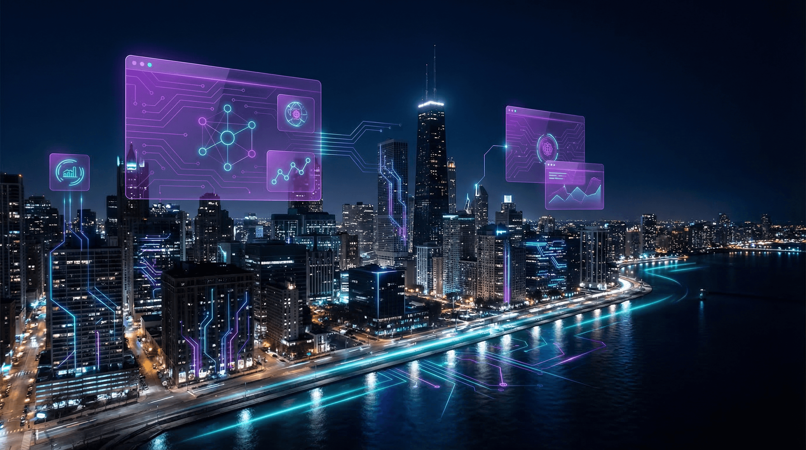 Chicago skyline at night with Willis Tower and lake front, showing holographic AI search overlays and data visualization