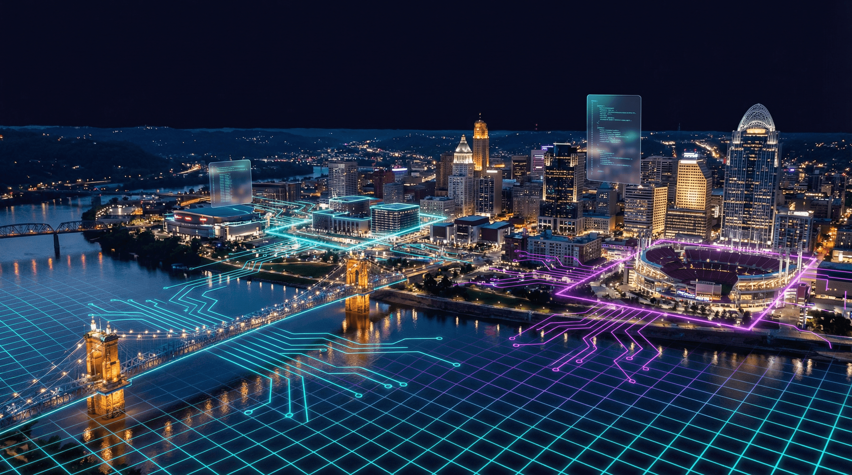 Photorealistic nighttime aerial view of Cincinnati Ohio skyline along the Ohio River with holographic AI network overlays in cyan and purple connecting the Roebling Suspension Bridge, Great American Ball Park, and the Over-the-Rhine district