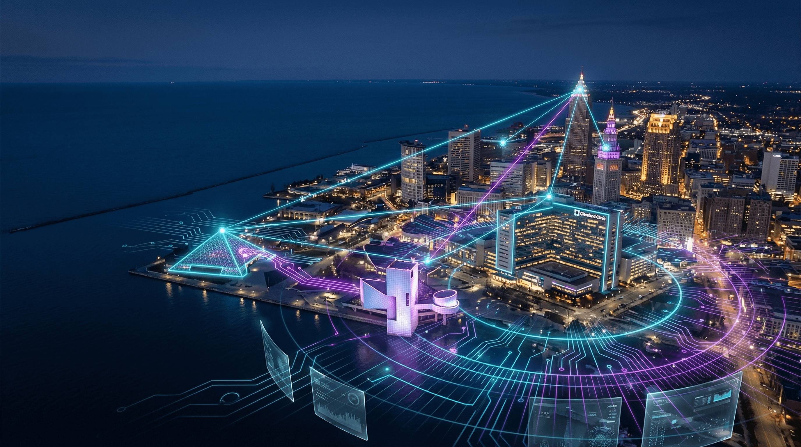 Photorealistic nighttime aerial view of downtown Cleveland skyline along the Lake Erie waterfront with holographic AI network overlays in cyan and purple connecting the Rock and Roll Hall of Fame, Cleveland Clinic campus, and Key Tower