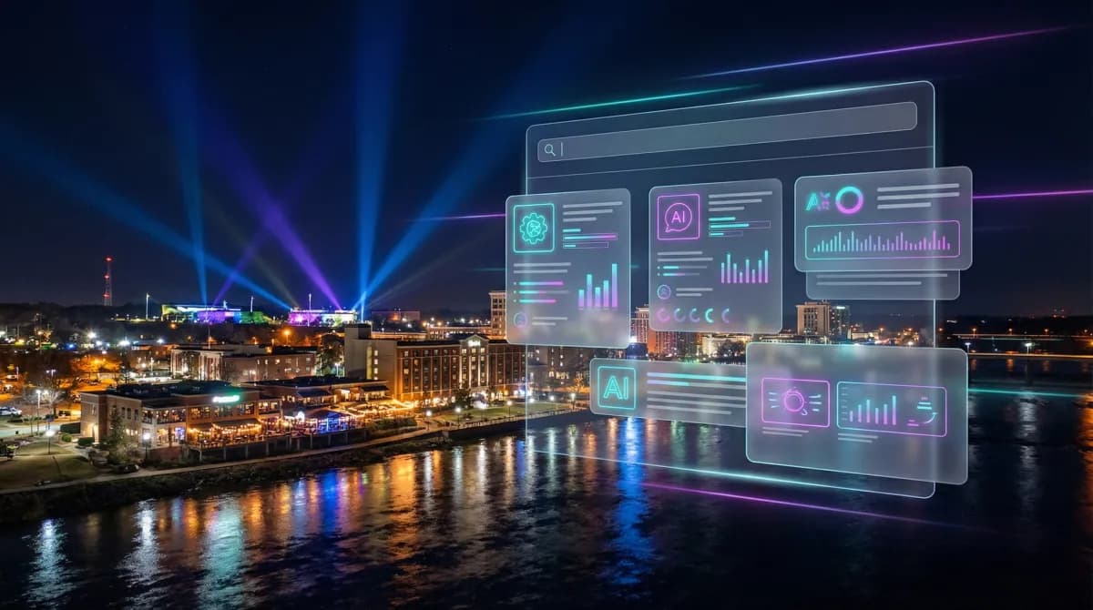 Nighttime Columbus skyline with the Chattahoochee River flowing through downtown, military-themed lighting at Fort Benning, and riverfront restaurants glowing, overlaid with holographic AI search result cards.