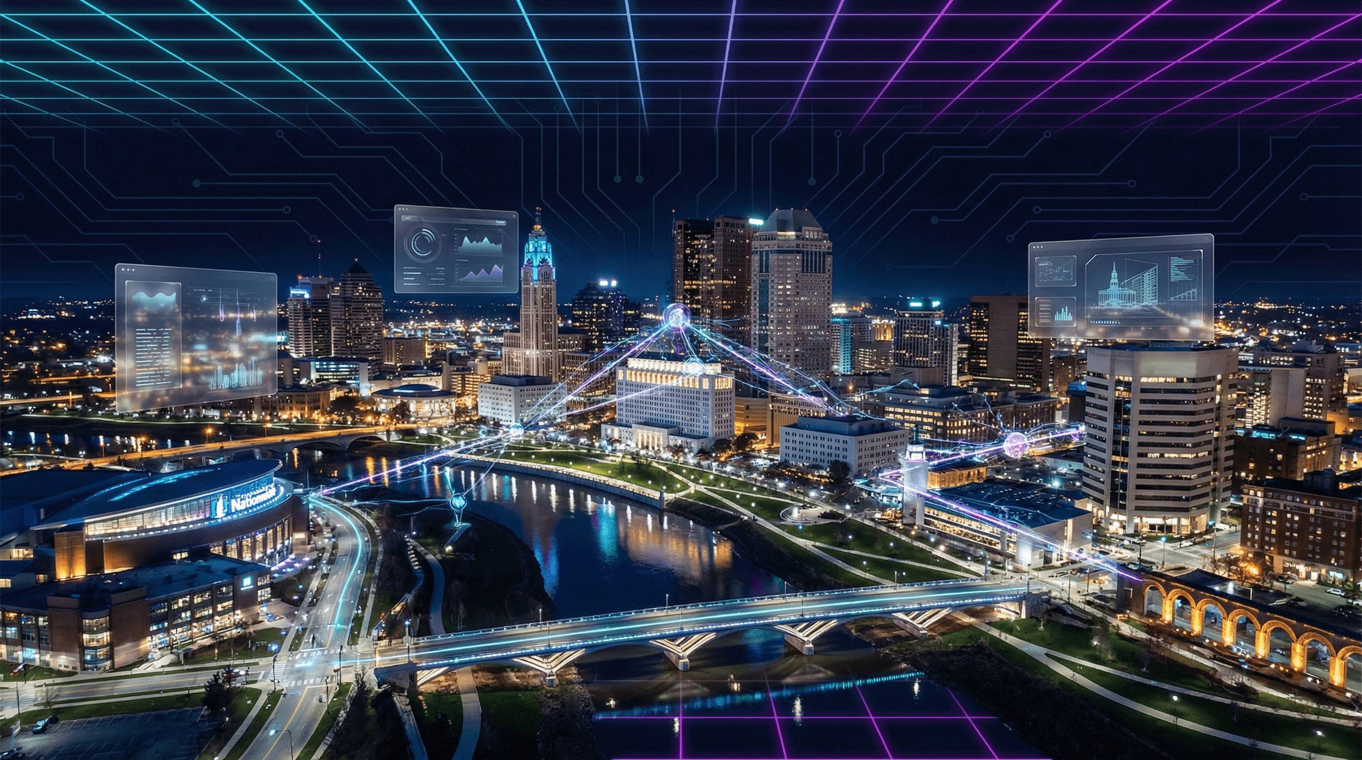 Photorealistic nighttime aerial view of downtown Columbus Ohio skyline along the Scioto Mile with holographic AI network overlays in cyan and purple connecting Nationwide Arena, the Ohio Statehouse, and the Short North Arts District
