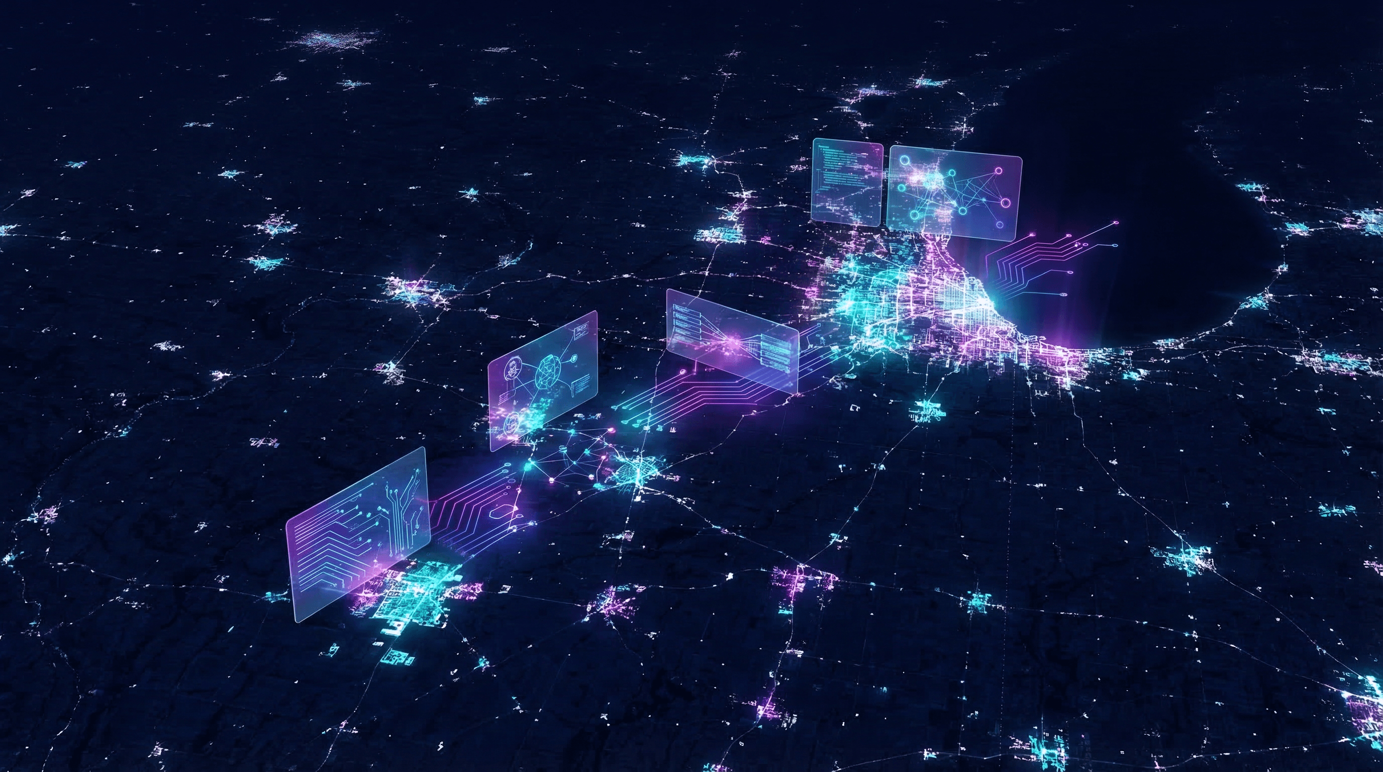 Illinois state skyline at night with Chicago visible in distance, showing holographic AI search overlays and data visualization layers