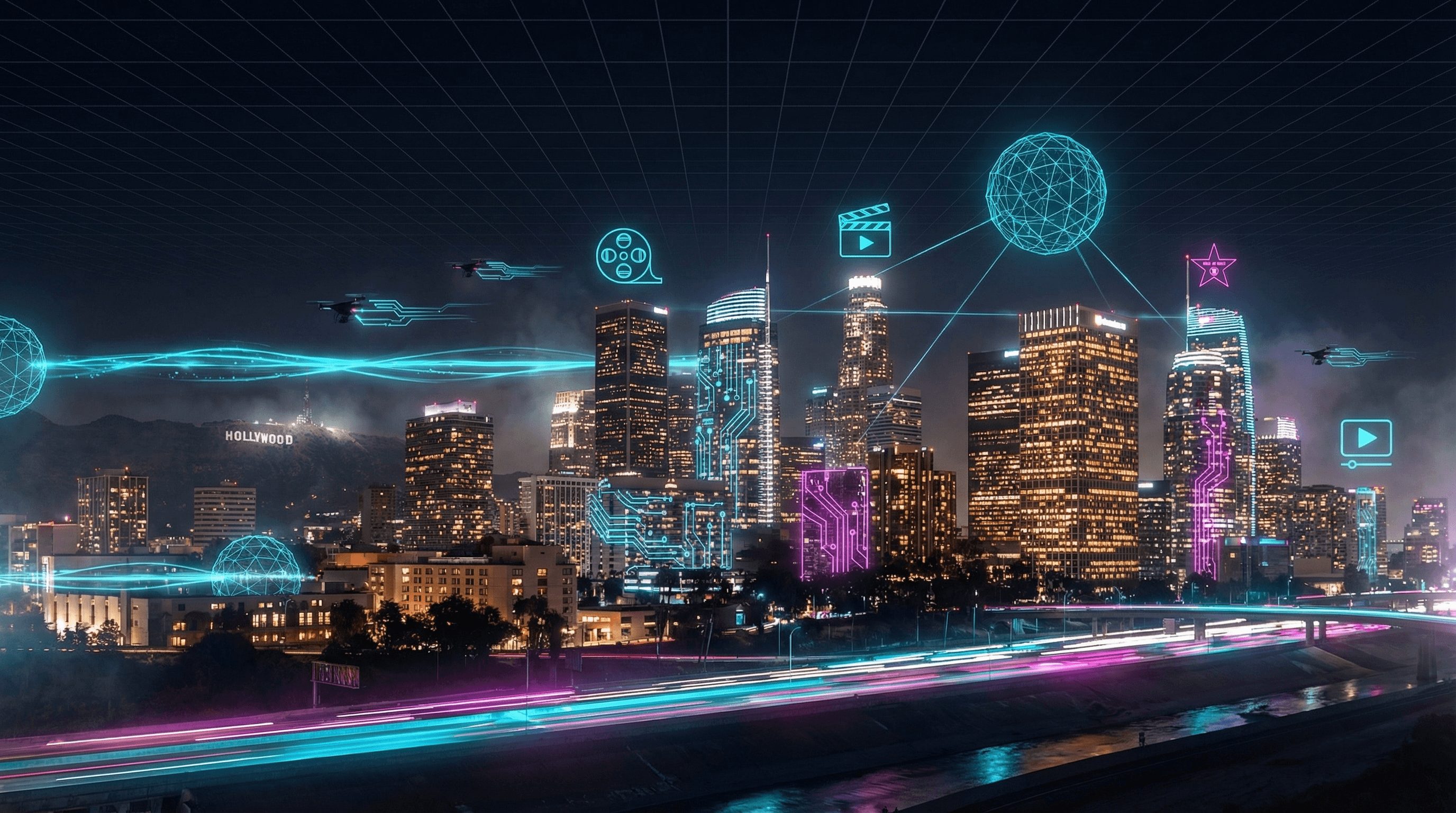 3D stylized render of the Los Angeles skyline at dusk featuring the Hollywood Sign and Downtown LA skyscrapers in cyan and purple gradient lighting against a dark sky, representing AI search optimization for LA businesses