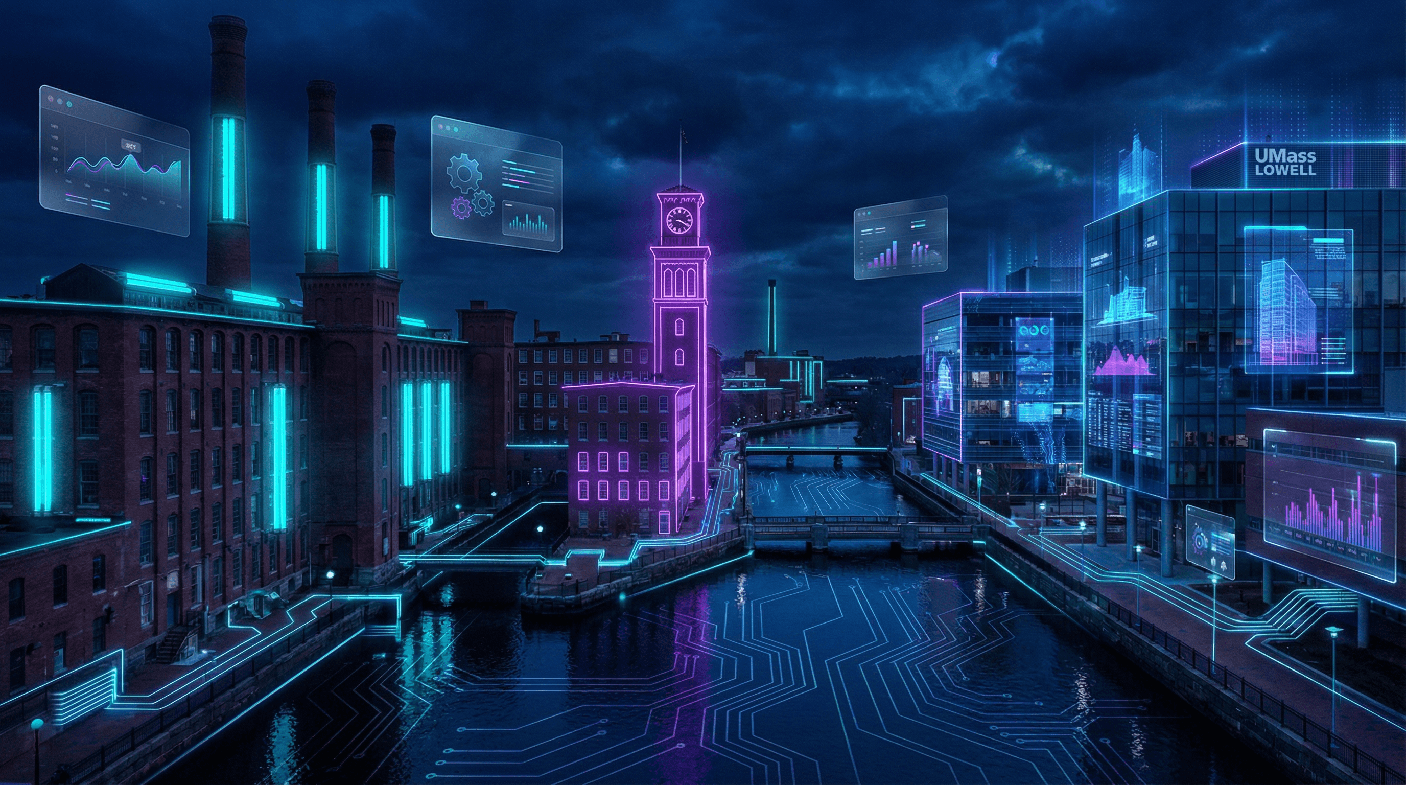 Lowell cityscape with historic textile mill buildings, canal system, UMass Lowell campus, and UKG headquarters against a dark navy sky with cyan and purple holographic data panels