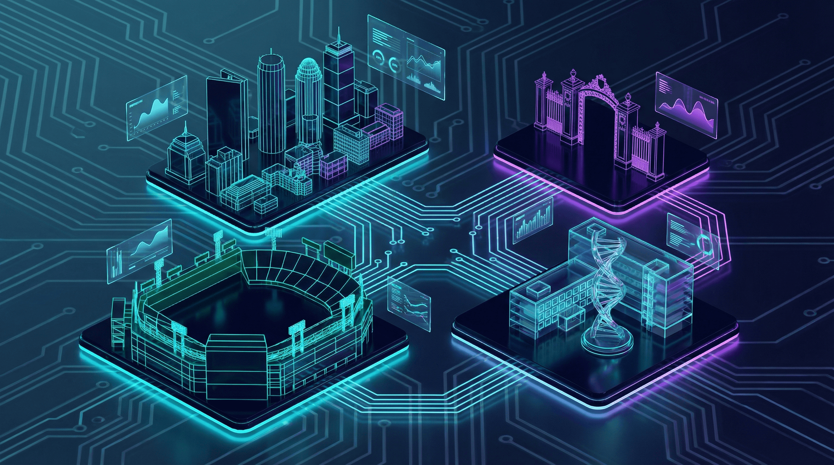 Massachusetts skyline with Boston harbor, Fenway Park, Harvard University gates, biotech research campus, and Cape Cod lighthouse against a dark navy sky with cyan and purple holographic data panels
