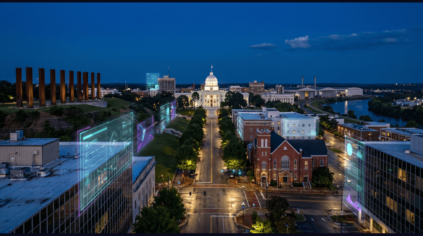 Montgomery skyline with the Alabama State Capitol dome, the National Memorial for Peace and Justice, Dexter Avenue King Memorial Baptist Church, Hyundai Motor Manufacturing assembly hangars, and the Alabama River bend against a dark navy sky with cyan and purple holographic data panels