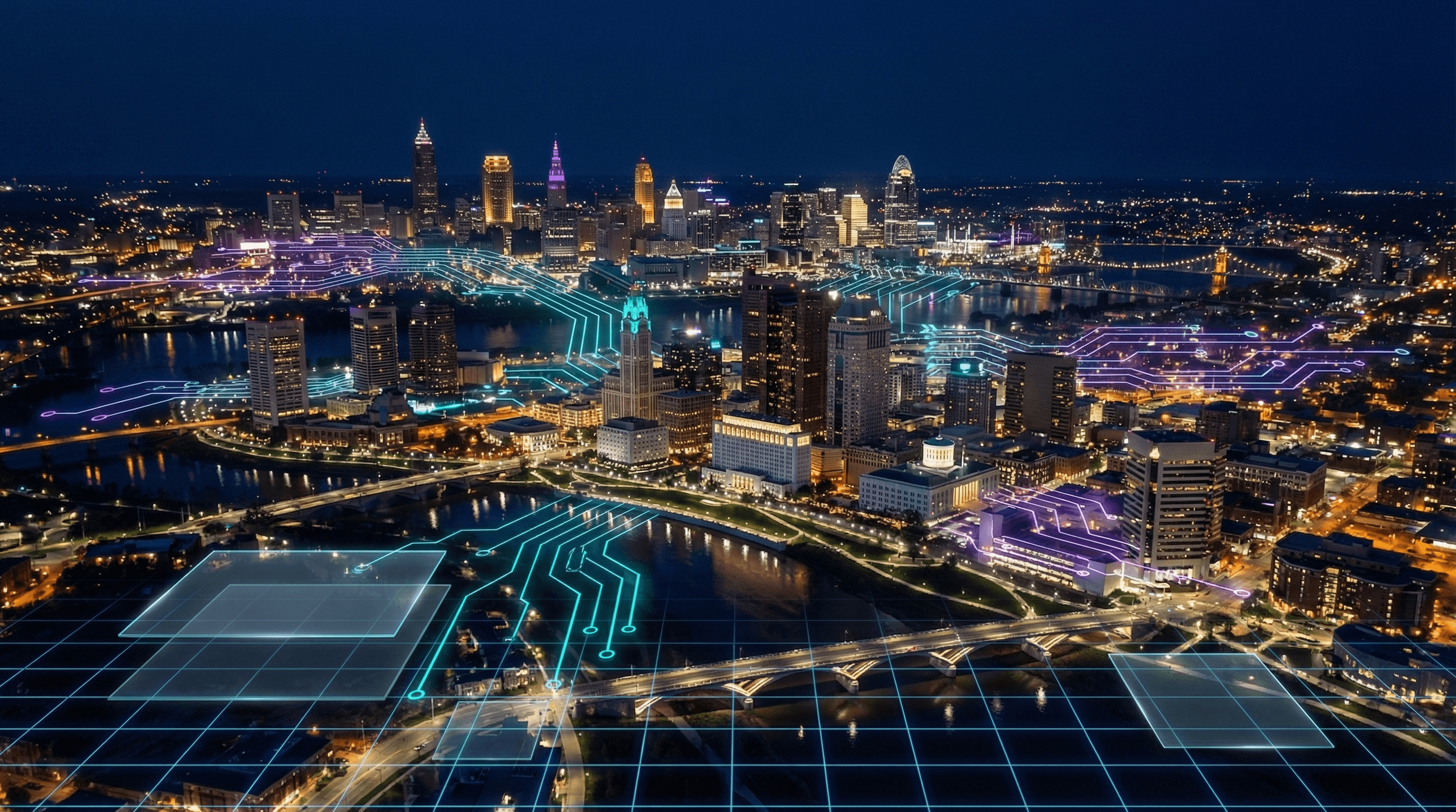 Photorealistic nighttime aerial view of Columbus Ohio skyline with holographic AI network overlays in cyan and purple connecting the Scioto Mile, Ohio State University campus, and downtown financial district